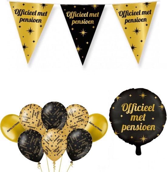 Pensioen Decoratie Versiering - Feest Versiering - Swirl - Folie Ballon - Vlaggenlijn - Ballonnen - Man & Vrouw - Zwart en Goud
