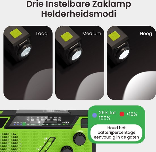 NaturaNex Noodradio Solar Opwindbaar Radio - Powerbank 4000mAh Zonneenergie - Ingebouwde Kabels - Dynamo / Zonnepaneel - Noodpakket - Zaklamp Opwindbaar - Survival Kit - FM - AM