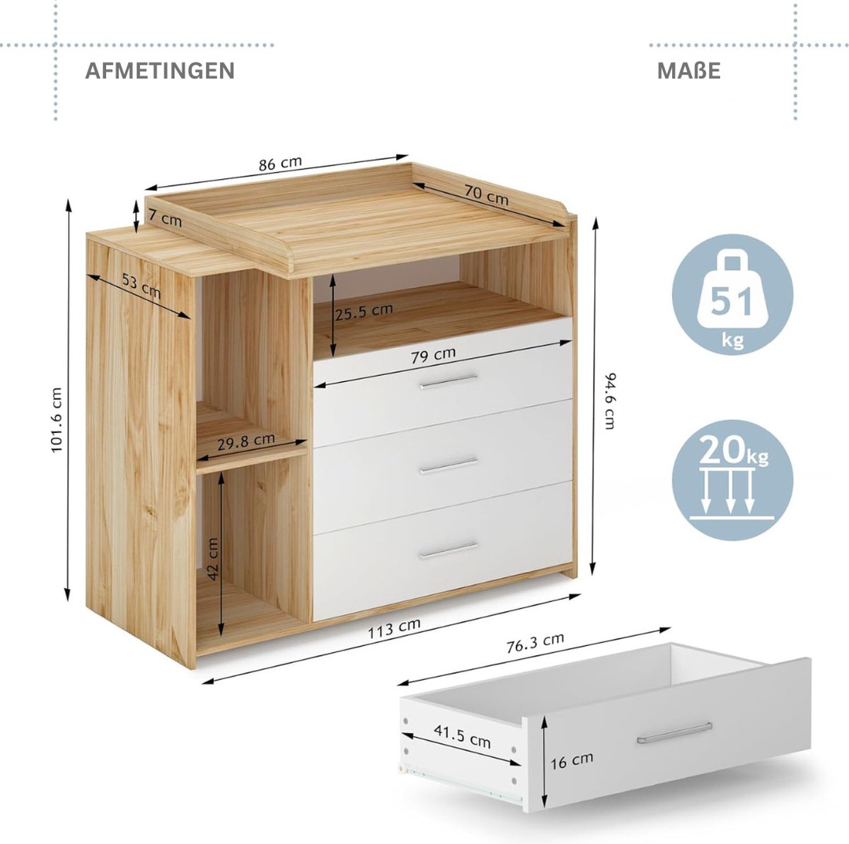 VELTRR® Commode Baby - Verzorgingstafel - Luiertafel - Babykamer - Wit met Bruin – foto 2