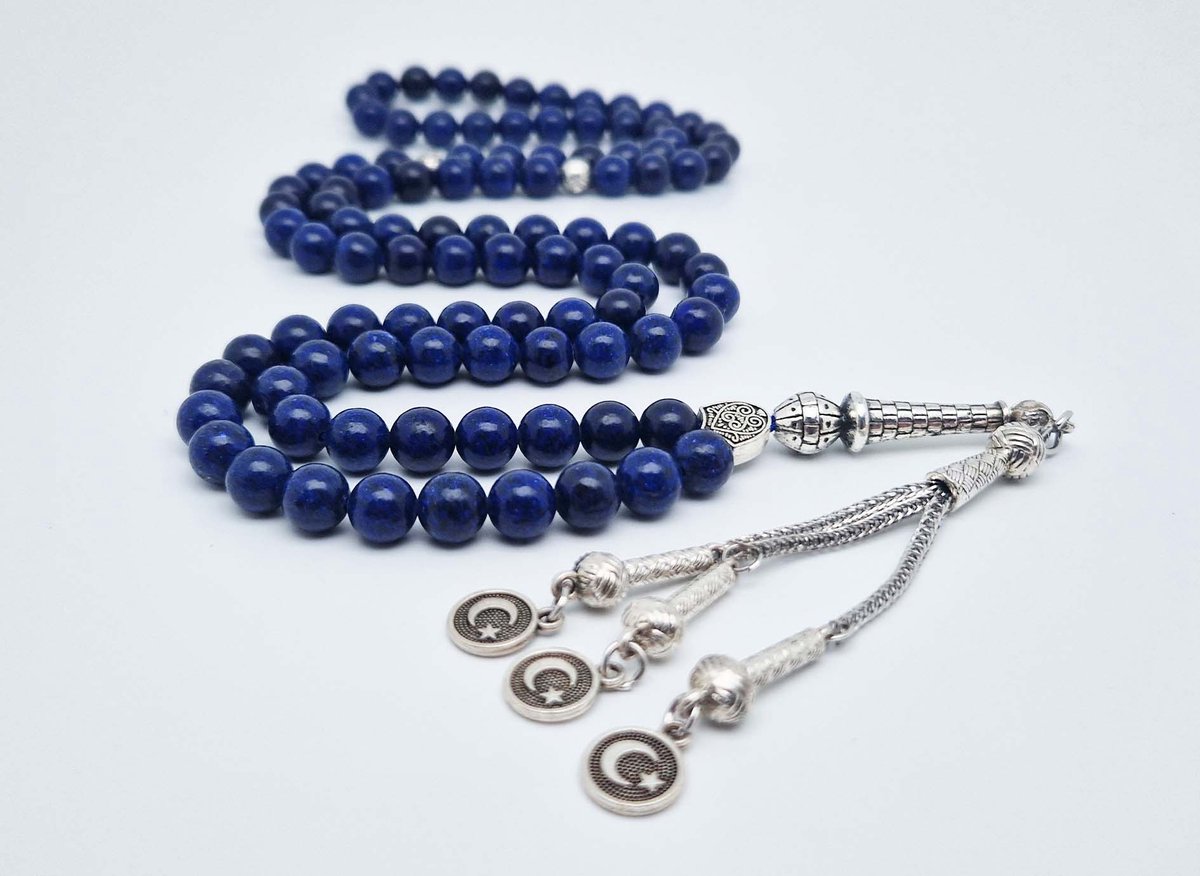 Handgemaakte tesbih "Tasbih" natuursteen " Azuur" - Aantal kralen 99 - Diameter kralen 8MM - met metaal tassel "Vlag van Turkije" - Een mooi cadeau-idee
