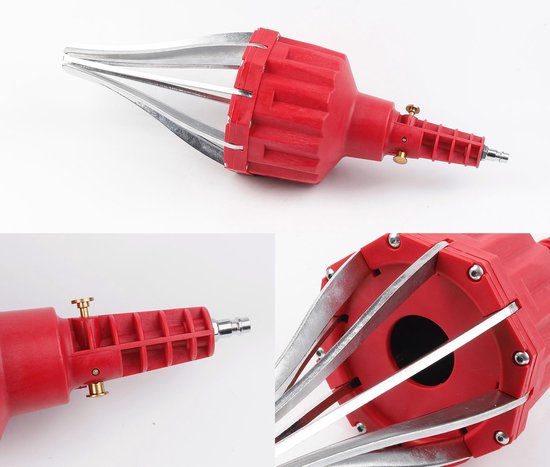 Rode pneumatische kogelkooi-expander met metalen klauwen. Gedetailleerd met aansluiting en bevestigingsschroeven.