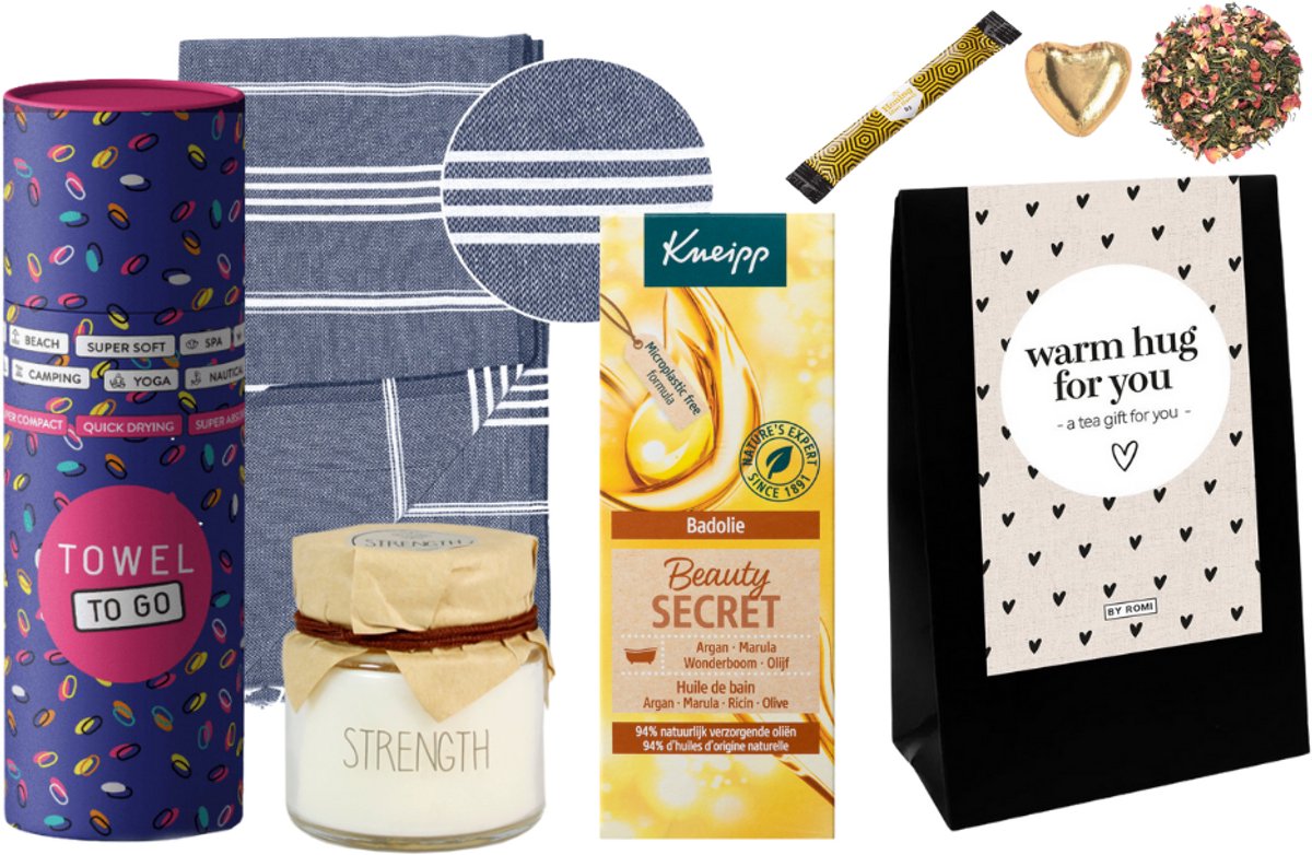 Goedkoopste Kneipp Cadeauset Bad Beauty Secret Luxe Hamam Handdoek - Kneipp Bad Olie 100 ml Beauty Secret - My Flame Kaars Glaasje Strength - By Romi Thee cadeaupakket Warm hug for you - Towel To Go Hamamdoek Donkerblauw