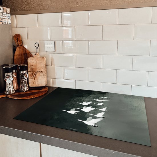 KitchenYeah© Inductie Beschermer 90x52 cm Keuken Decoratie Kookplaat Beschermer voor Inductiekookplaat Afdekplaat Anti Slip Mat - Plant - Beige - Japandi