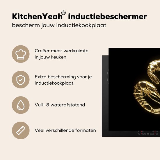 KitchenYeah® Inductie beschermer 65x50 cm - Garnalen - Zwart - Goud - Kookplaataccessoires - Afdekplaat voor kookplaat - Inductiebeschermer - Inductiemat - Inductieplaat mat - Keuken decoratie