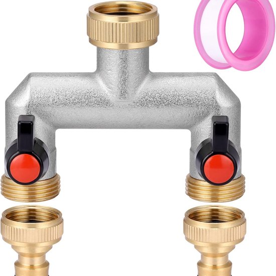 2-weg waterverdeler, verdeler van messing voor 2 waterkraanadapters/ apparaten/tuinslangen, 3/4 inch slangadapter 1/2 inch met kogelkraan voor het instellen en afsluiten van de waterstroom