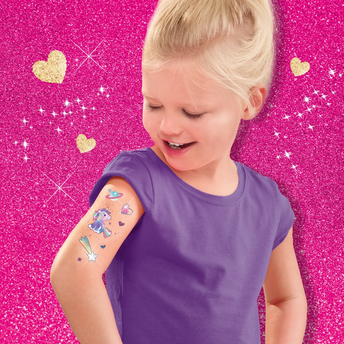 SES Creative Unicorn Tattoos en Glitters - 64 Eenhoornmotieven - Voor Meisjes vanaf 5 Jaar - Tattoos Kinderen - Eenvoudig Verwijderbaar - Schoencadeautjes Sinterklaas — cadeau in Hobby - foto 5