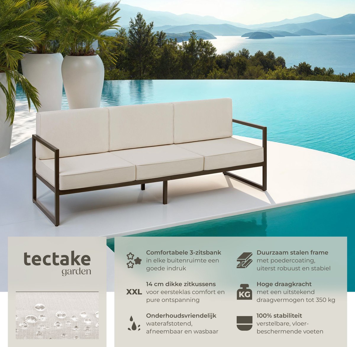 tectake® Comosa Loungebank - 3-zits Tuinbank - Comfortabele Lounge Bank met Dikke Kussens - Outdoor Sofa met Waterafstotende Hoezen - Stevig Stalen Frame - Balkon en Tuin Loungebank - Tuinmeubelen – foto 4