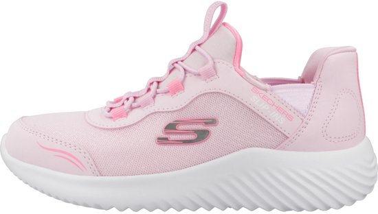 Roze Skechers Slip-ins sneaker met witte zool, aanzicht van de zijkant.
