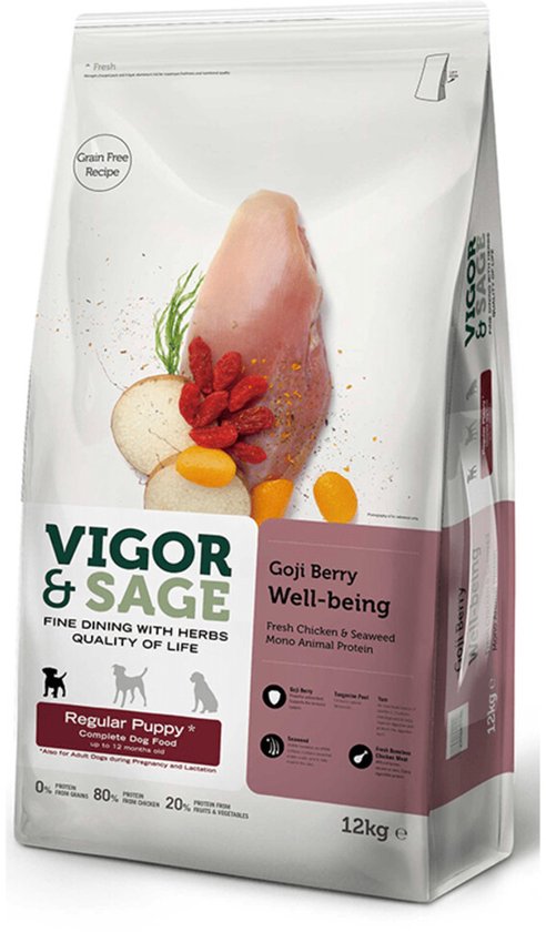 Vigor & Sage Hondenvoer Regular Puppy Well-Being Gojiberry 12 kg