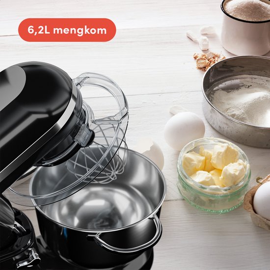 KitchenBrothers 2000W Keukenmachine - Keukenrobot - 6,2L - Mixer met Mengkom - Keukenmixer - Zwart