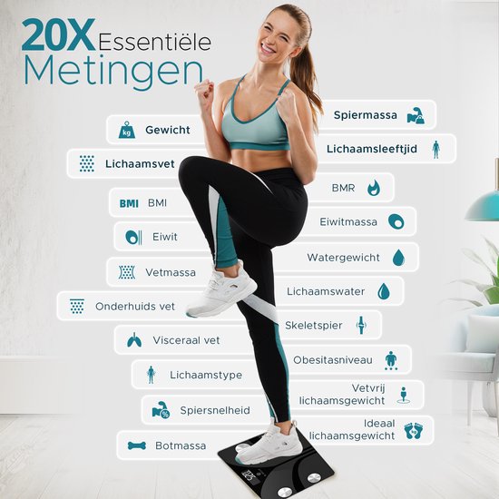 e.volve S5 Weegschaal Personenweegschaal Digitaal - Slimme Weegschaal met 20x Lichaamsanalyse - Digitale Weegschaal - Incl. App - Zwart