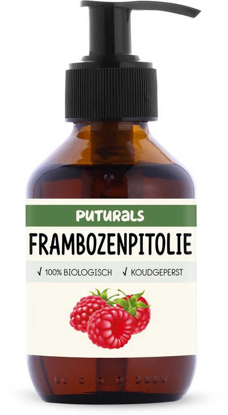 Bruine glazen fles met pompsysteem. Label met 'PUTURALS FRAMBOZENPITOLIE' en drie frambozen.