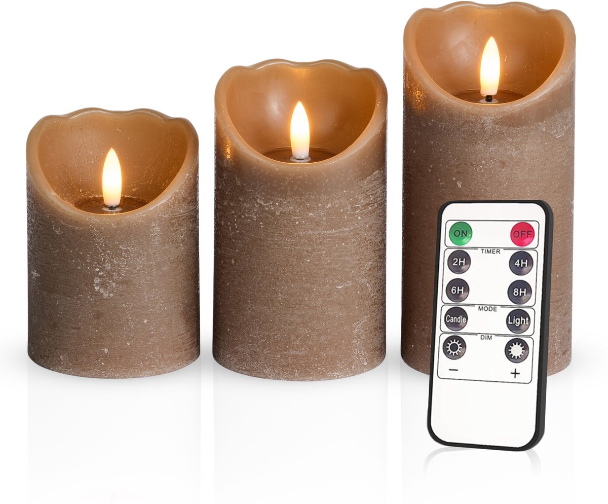 Meisterhome – 3 x Led Stompkaars Rustiek - Coyote bruin – Stompkaars Echte wax – Led kaarsen - 10 / 12.5 / 15 cm Hoog - Met afstandsbediening – Timer 2/4/6/8 uur - Dimbaar