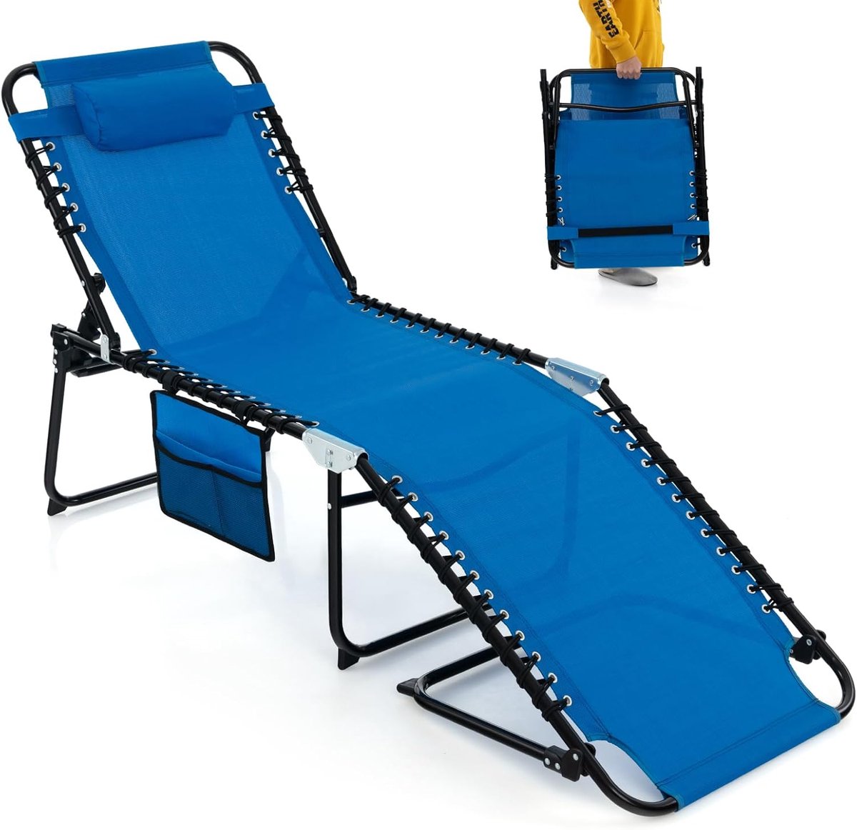 COSTWAY Ligstoel tuin, 4-voudig zonnebed met zijzak en hoofdsteun tot 150kg, inklapbaar campingligstoel met verstelbare rugleuning voor strand, balkon zwembad (marineblauw)