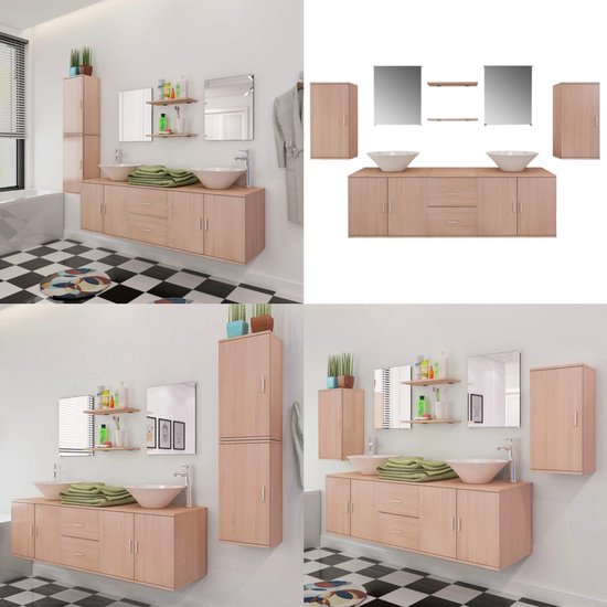 vidaXL Badkamermeubelset met wasbak beige 9-delig - Badkamer Meubel - Badkamer Meubels - Badkamermeubel - Badkamermeubels