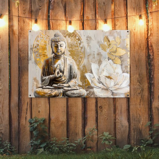Affiche de jardin 120x80 cm - Décoration de jardin Bouddha - Bloem - Lotus - Wit - Goud - Zen - Affiche pour le jardin - Décoration extérieure - Tableau de jardin clôture - Décoration murale sur toile de jardin - Décoration murale sur toile de balcon