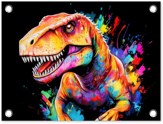 Tuinposter 40x30 cm - Tuindecoratie Graffiti - Dinosaurus - Jongens – Kleurrijk - Poster voor in de tuin - Buiten decoratie - Schutting tuinschilderij - Tuindoek muurdecoratie - Wanddecoratie balkondoek