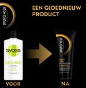 Voor en na afbeelding: witte "Syoss Curls & Waves" fles naast zwarte "Syoss Intense Curl Deep Conditioner" tube.