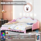 Canapé-lit multifonctionnel 2 en 1 90(180)*190cm, lit pour enfant en cuir artificiel avec éclairage LED, avec sommier à lattes, rose