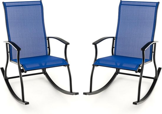 COSTWAY Set van 2 schommelstoelen, schommelstoelen met hoge rugleuning en ademende zitstof, tuinstoelen voor tuin, veranda, zwembad, blauw