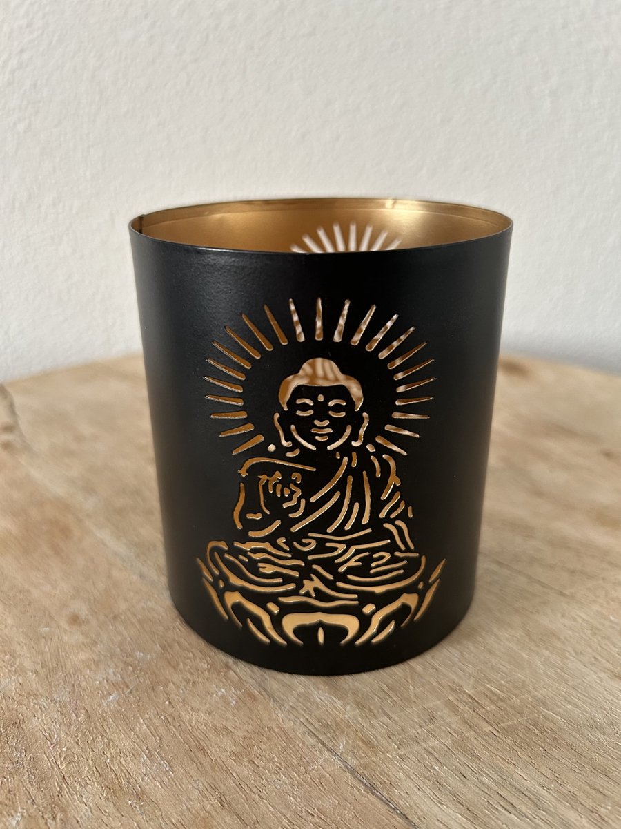Opengewerkte theelichthouder boeddha - zwart/goud