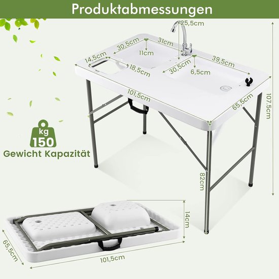 COSTWAY Visreinigingtafel, inklapbare filetietafel met 2 ingebouwde spoelbakken, 360° draaibare kraan en meetschaal, draagbare campingtafel voor kamperen, vissen, grillen van Costway — afbeelding 3