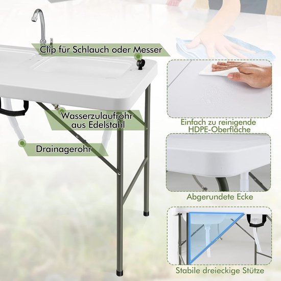 COSTWAY Visreinigingtafel, inklapbare filetietafel met 2 ingebouwde spoelbakken, 360° draaibare kraan en meetschaal, draagbare campingtafel voor kamperen, vissen, grillen van Costway — afbeelding 2