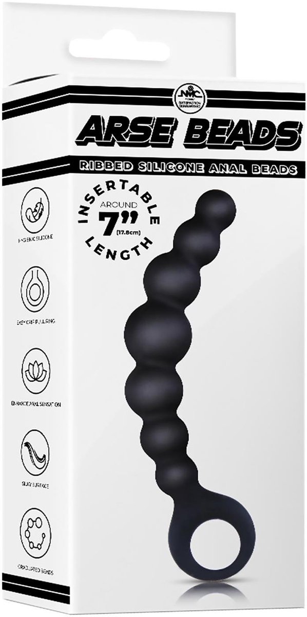 NMC 7 inch geribbeld siliconen anale kralen - Zwart - 17.8 cm