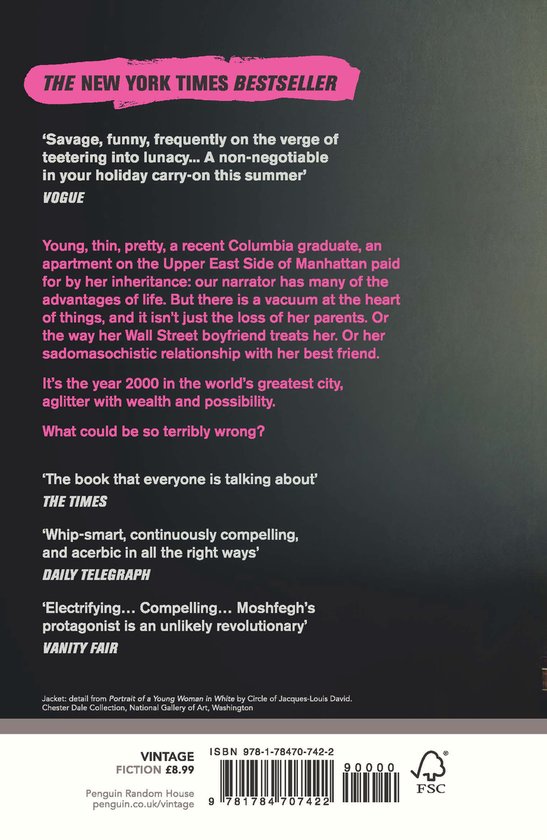 Achterkant van het boek "My Year of Rest and Relaxation" met recensies en ISBN.
