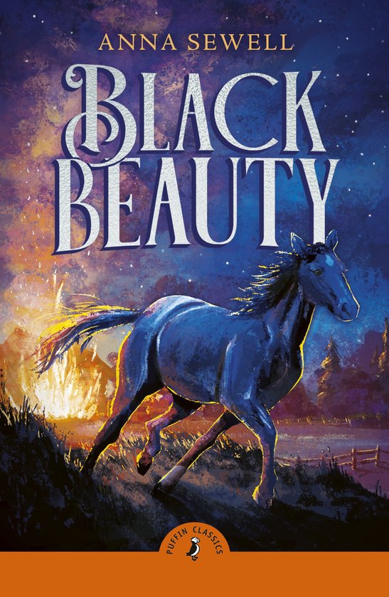 Boekomslag van 'Black Beauty' met een donker paard dat rent met vuur en sterren op de achtergrond.