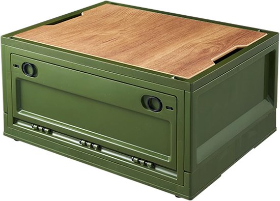 Opbergdoos voor camping, opvouwbare en stapelbare opbergbakken, opbergdoos met houten deksel, opbergdoos voor kamperen in de open lucht, met opening aan de zijkant, bak