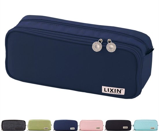LIXIN Macaron Etui - Navy - Opgewaardeerd Groot - Pennenzak voor jongens en meisjes - Canvas - Linnen - Grote capaciteit - Etui voor kinderen en volwassenen - School - Terug naar school - Back to school - Leuke telescopishe pennenhouder - Leuk etui