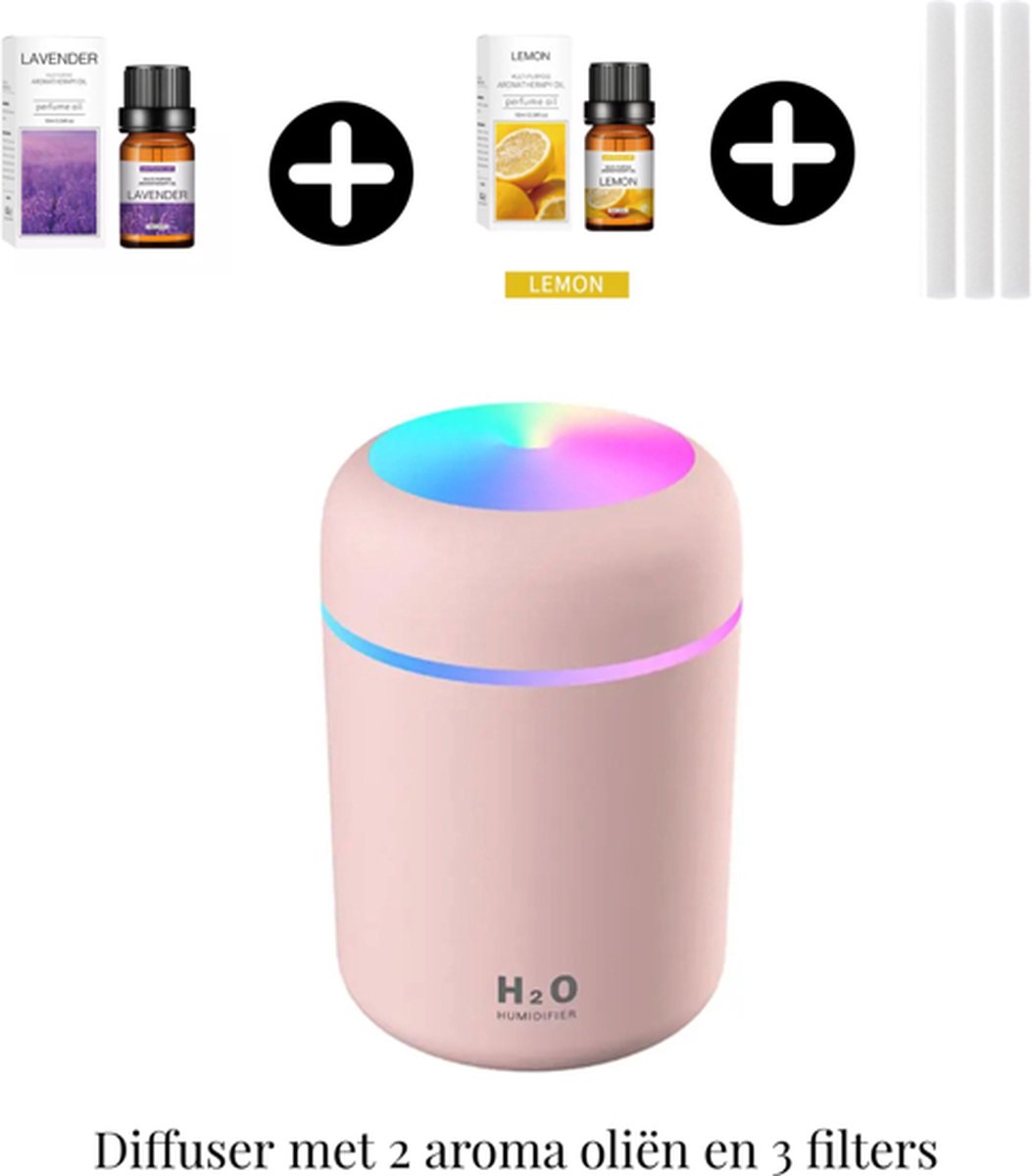 Aroma Diffuser Roze -Luchtbevochtiger 300 ml- Incl. 2 aroma oliën en 3 filters -LED sfeerverlichting- compact- Auto en huis gebruik- casamix
