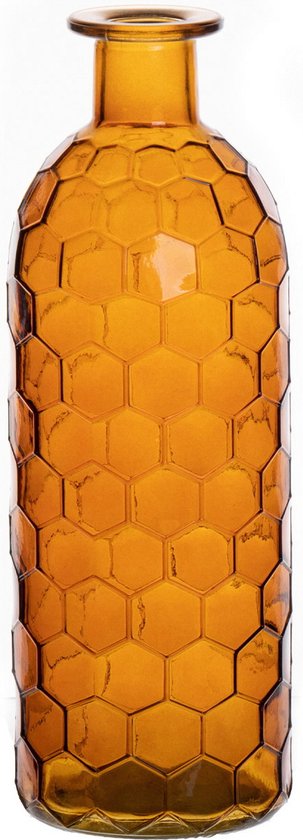 Bellatio Design Bloemenvaas - oranje - transparant glas honingraat - D7 x H20 cm - vaas