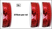 3x Rol Paillettenband rood - 2,75 meter op rol - Thema feest festival party feest pailletten