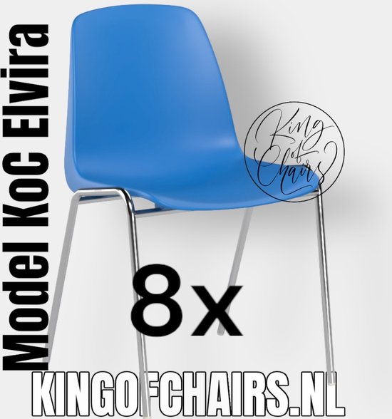 King of Chairs -set van 8- model KoC Elvira azuurblauw met verchroomd onderstel. Kantinestoel stapelstoel kuipstoel vergaderstoel tuinstoel kantine stapel stoel kantinestoelen stapelstoelen kuipstoelen arenastoel Helene schoolstoel bezoekersstoel