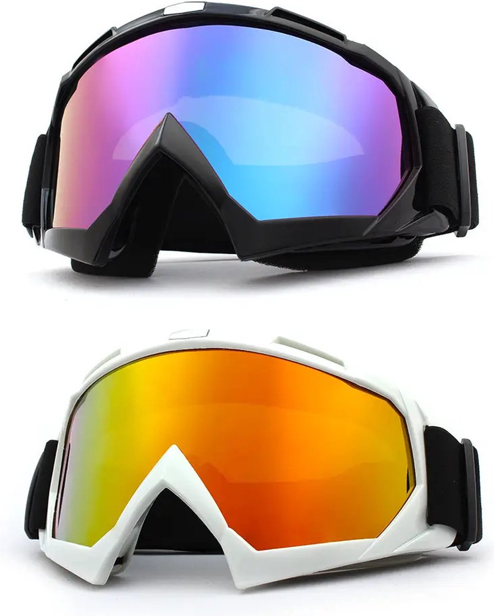 Skibrillen - Snowboardbrillen - Crossbrillen - Set van twee stuks – Zwart Paars Blauw Spiegel - Wit Goud Rood Spiegel