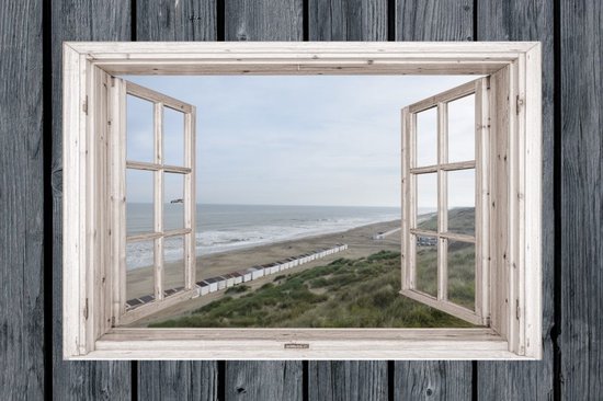 Bredene - Tuinposter Doorkijk - Strand - Zee - Zand - Water - Helmgras - 60 x 40 cm - Souvenirs from the sea -Tuindoek - Buitenposter