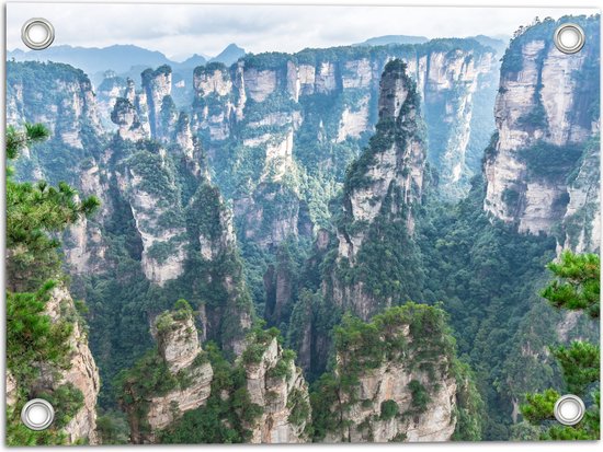 Tuinposter – Hoge Stijle Rotsen met Minimale Begroeiing in Zhangjiajie, China - 40x30 cm Foto op Tuinposter (wanddecoratie voor buiten en binnen)