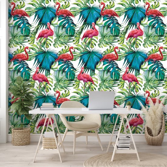 Papier peint photo Intissé - Papier Peint Intissé - Flamants Roses et Feuilles de la Jungle - 312 x 219 cm