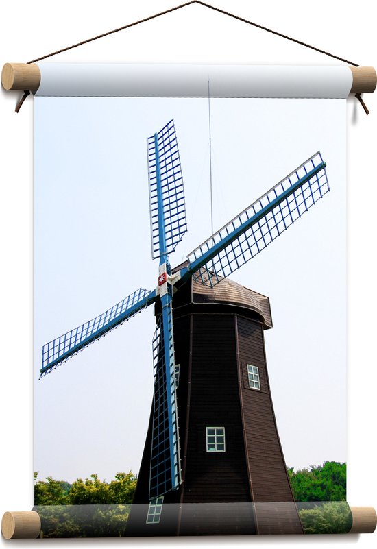 Textielposter - Windmolen met Blauwe Molens in Weide - 30x40 cm Foto op Textiel