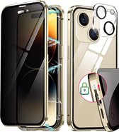 Iphone 14 hoesje - goud - privacy scherm - Dubbelzijdig glas protector - metalen bumper