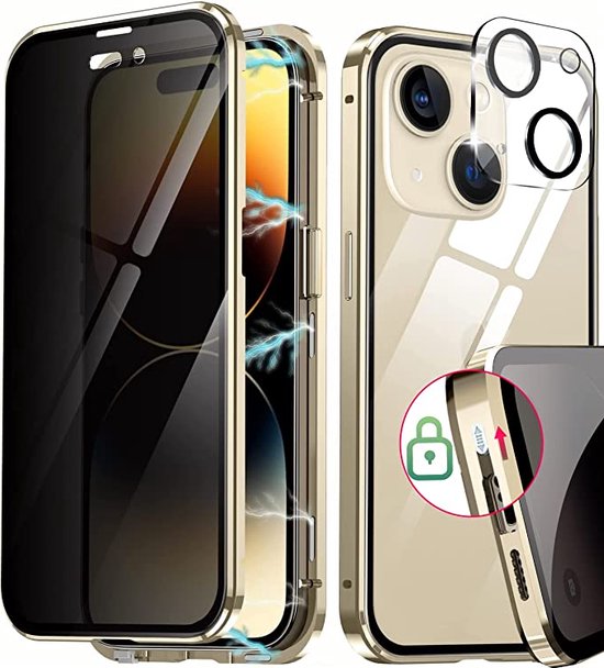 Iphone 14 hoesje - goud - privacy scherm - Dubbelzijdig glas protector -  metalen bumper | bol