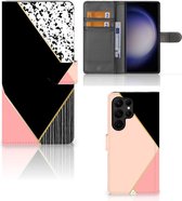 GSM Hoesje Geschikt voor Samsung Galaxy S23 Ultra Bookcase Black Pink Shapes