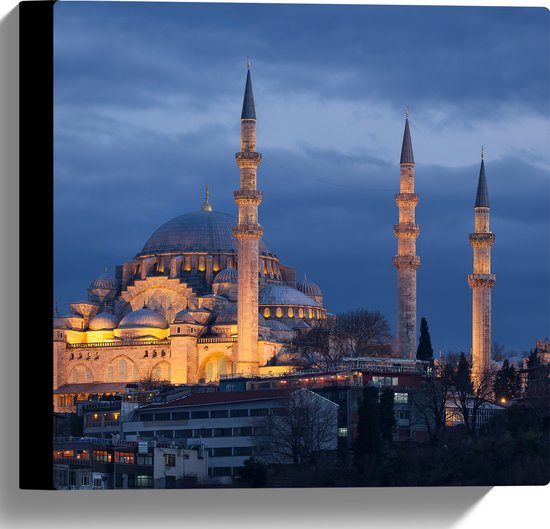 WallClassics - Canvas - Zijaanzicht van Süleymaniye Moskee in de Nacht in Istanbul, Turkije - 30x30 cm Foto op Canvas Schilderij (Wanddecoratie op Canvas)