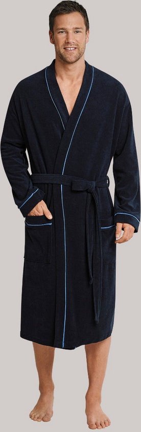 SCHIESSER heren badjas - badstof - blauw met contrastbies - Maat: XXL
