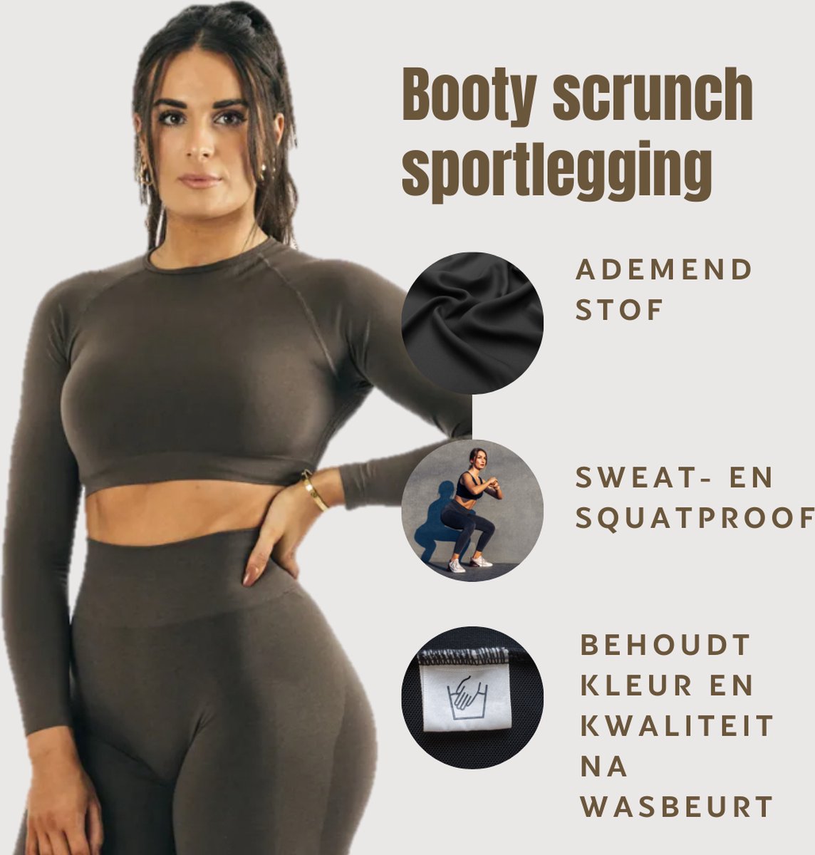 Sportchic - Sportoutfit - Sportkleding Set Dames - Squat proof - Fitness legging + Sport shirt - Yoga Kleding - Sport Top - Sport Shirt dames - Fitness Legging - Fitness Kleding Set Voor Dames - Bruin - S - Sportchic