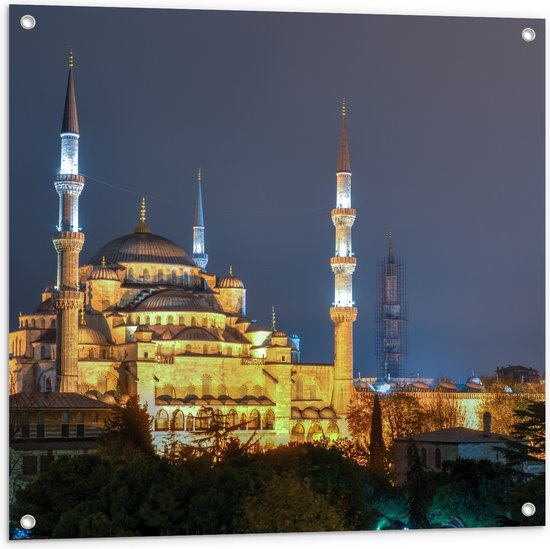 WallClassics - Tuinposter – Sultan AhmetMoskee in de Nacht in Istanbul, Turkije - 80x80 cm Foto op Tuinposter (wanddecoratie voor buiten en binnen)