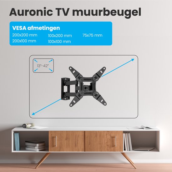 Auronic TV Beugel - Draaibaar en Kantelbaar - 13 tot 42 inch - Tot 20 KG - Zwart - Auronic