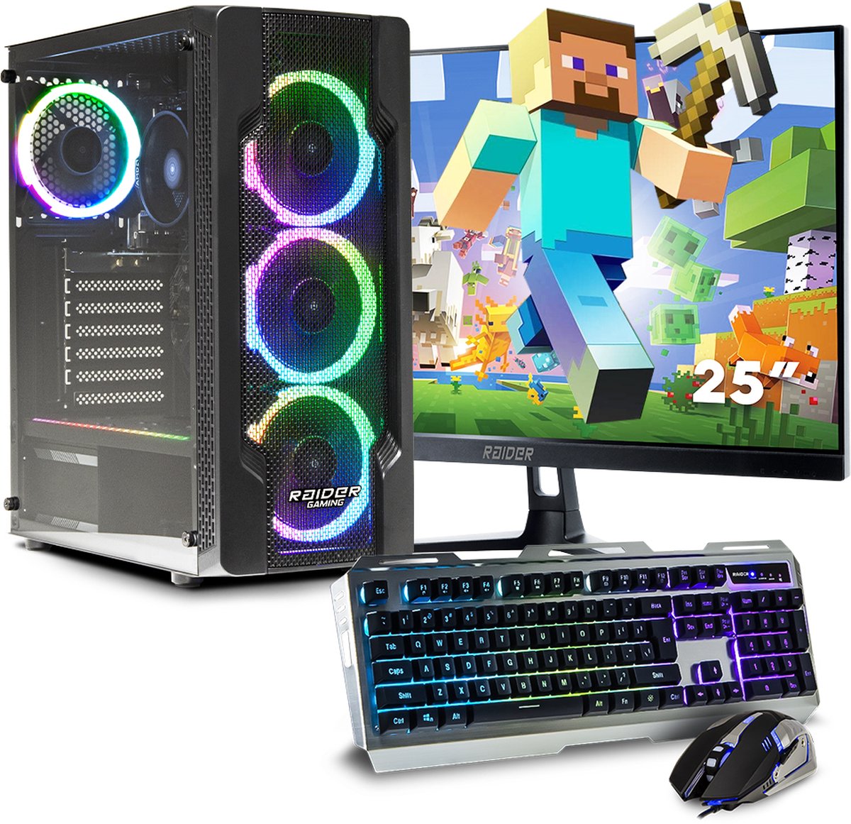 Complete set AMD Budget Game PC Setup met 25 inch Gaming Monitor - incl. Gaming toetsenbord en muis - 8GB - 256GB SSD - Windows 11 - RAIDER 25 inch Gaming Monitor